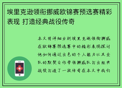 埃里克逊领衔挪威欧锦赛预选赛精彩表现 打造经典战役传奇