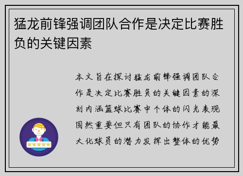 猛龙前锋强调团队合作是决定比赛胜负的关键因素
