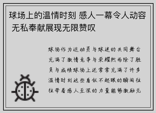 球场上的温情时刻 感人一幕令人动容 无私奉献展现无限赞叹