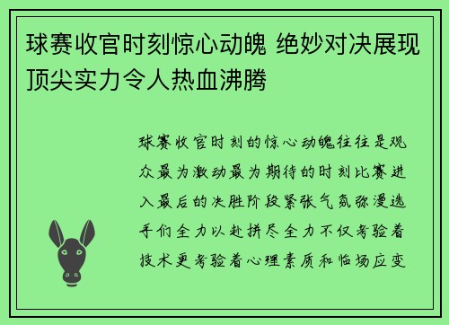球赛收官时刻惊心动魄 绝妙对决展现顶尖实力令人热血沸腾