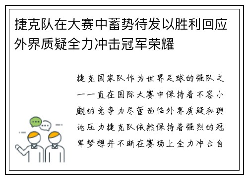 捷克队在大赛中蓄势待发以胜利回应外界质疑全力冲击冠军荣耀