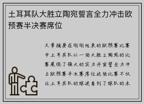 土耳其队大胜立陶宛誓言全力冲击欧预赛半决赛席位
