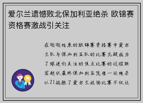 爱尔兰遗憾败北保加利亚绝杀 欧锦赛资格赛激战引关注