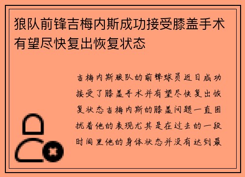 狼队前锋吉梅内斯成功接受膝盖手术有望尽快复出恢复状态