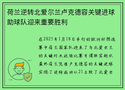 荷兰逆转北爱尔兰卢克德容关键进球助球队迎来重要胜利