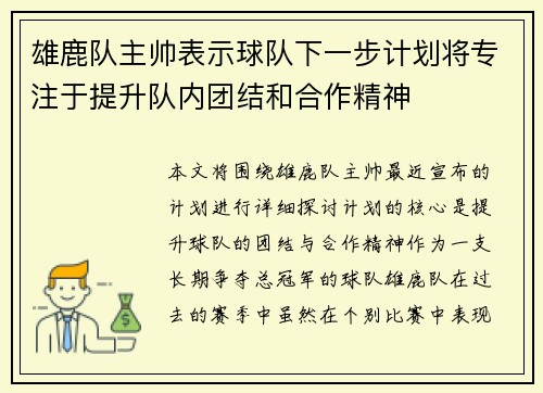 雄鹿队主帅表示球队下一步计划将专注于提升队内团结和合作精神