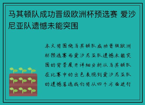 马其顿队成功晋级欧洲杯预选赛 爱沙尼亚队遗憾未能突围